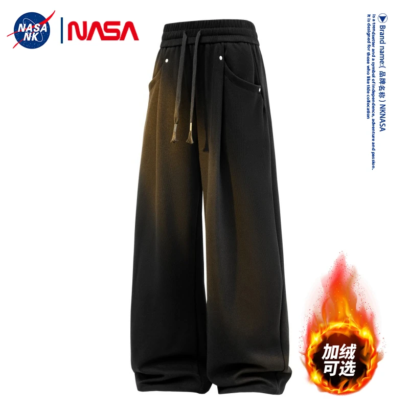 NASA联名美式加绒裤子男士秋冬季大码宽松阔腿长裤保暖直筒男裤潮