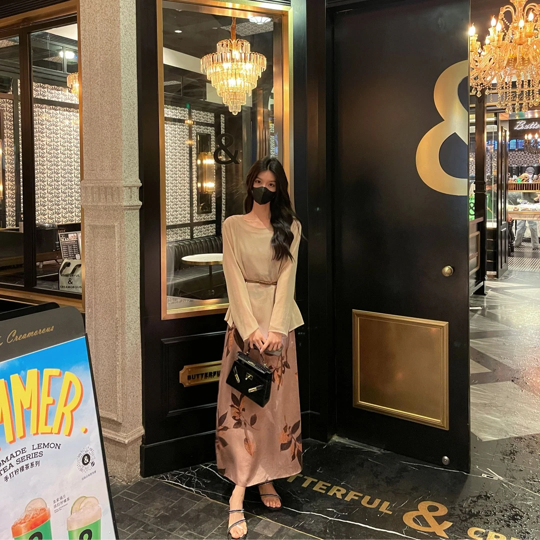 宽松套装女日系温柔慵懒风夏季新款纯色长袖罩衫印花吊带裙三件套