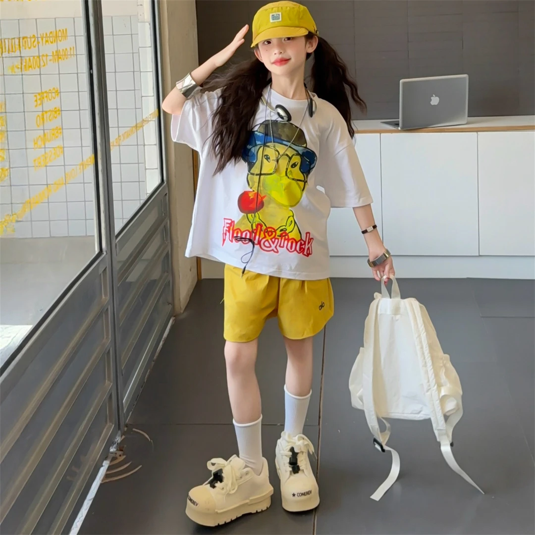 女童套装夏季2025新款中大童洋气时尚休闲宽松儿童卡通短袖短裤潮