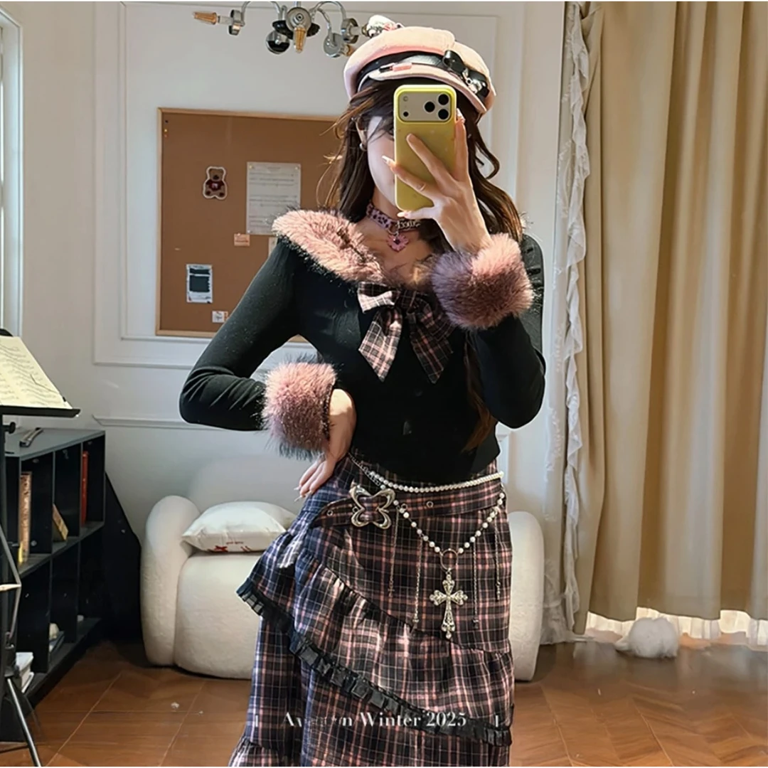 莓果丝绒暗黑风一字领上衣冬大码半身裙格子不规则半身长裙7096果