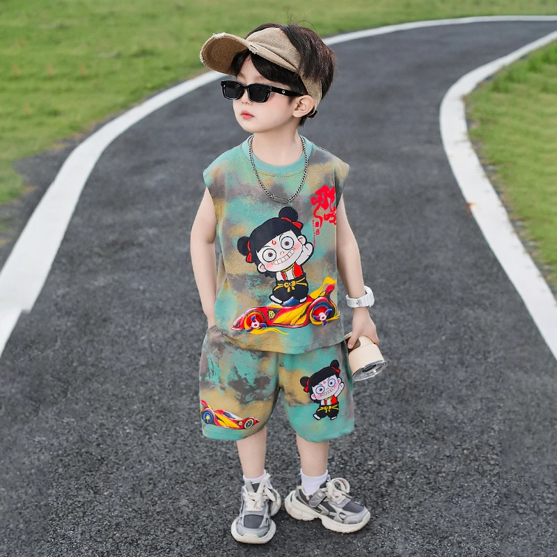 巴拉童年哪吒儿童服装男童夏装套装2025新款宝宝帅气背心薄款男孩