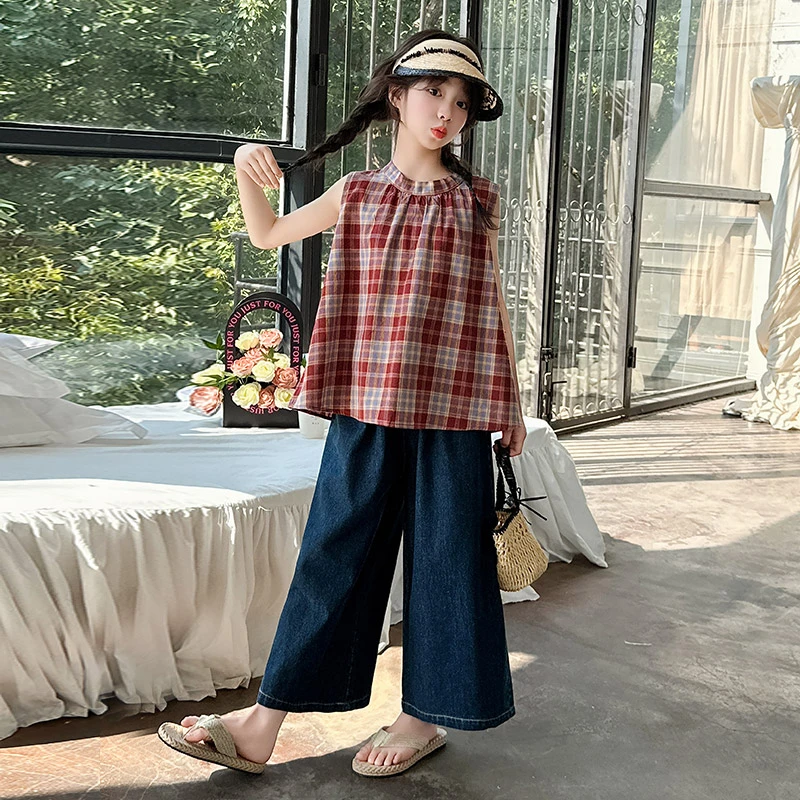 女童夏装套装2025新款韩版儿童时髦格子背心九分牛仔阔腿裤两件套