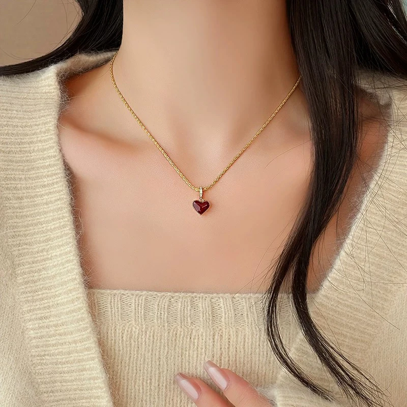 铜合金项链 3034轻奢小众爱心双面项链