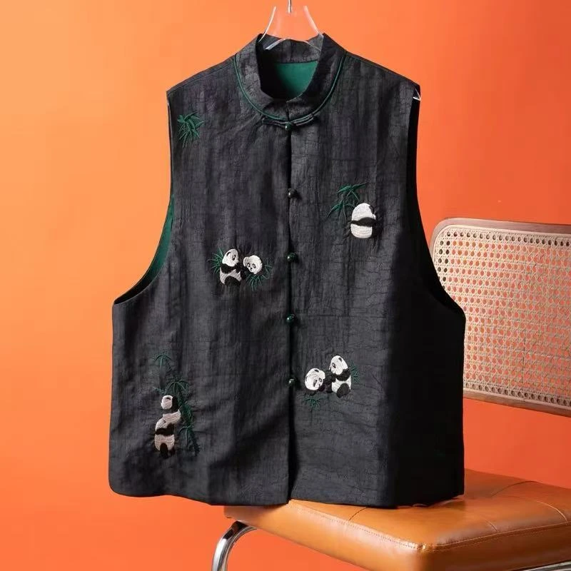 中式熊猫刺绣龟裂纹马甲百搭