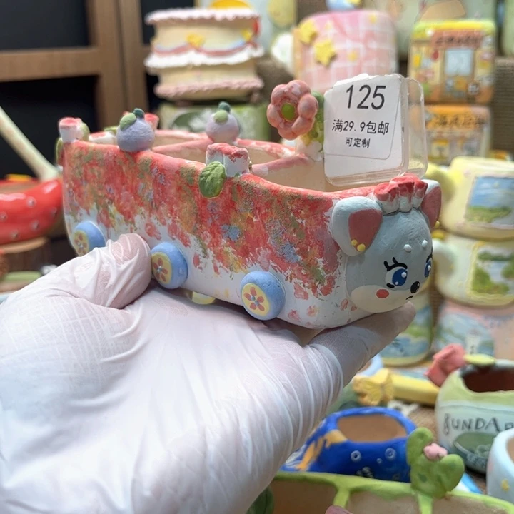 125三宫格火车花盆手绘花盆