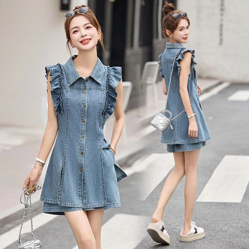 设计感飞飞袖牛仔套装女2025年夏季新款洋气减龄小个子短裤两件套