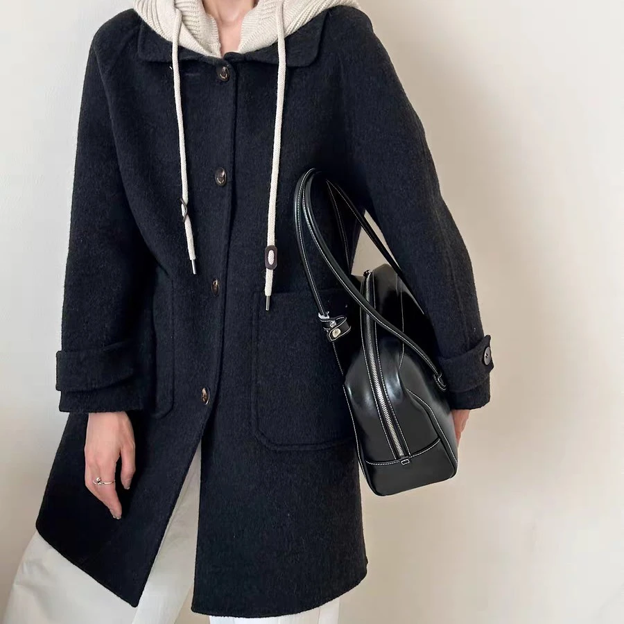 高级感气质款连帽针织帽手缝双面羊毛大衣