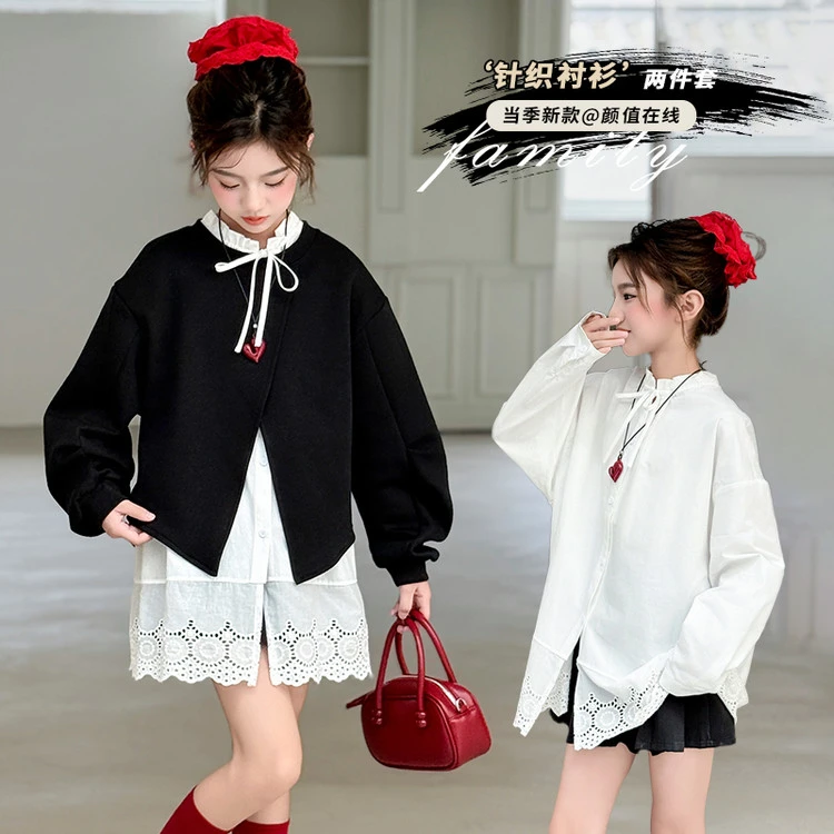 女童卫衣秋装25新款洋气针织儿童长袖春秋韩版花边衬衫两件套上衣