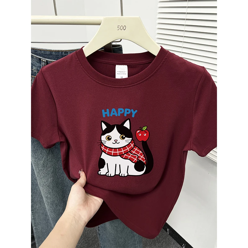 酒红色圆领小猫印花正肩短袖t恤女装大码胖mm显瘦洋气上衣潮夏季
