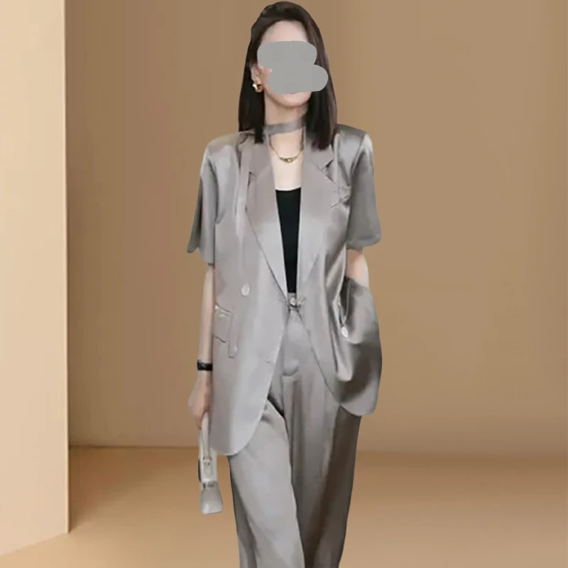 时尚洋气纯色套装2026夏季新款气质西服短袖上衣+阔腿长裤两件套