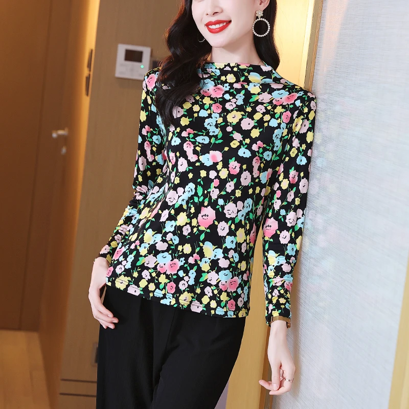 桑蚕丝半高领长袖T恤女真丝印花针织修身显瘦上衣打底衫3354