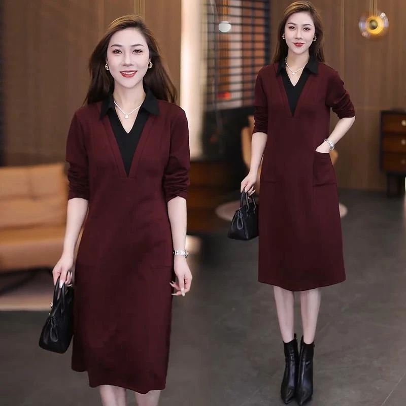 时尚假两件连衣裙女2025秋季新款中长款遮肚子显瘦大码休闲裙子潮