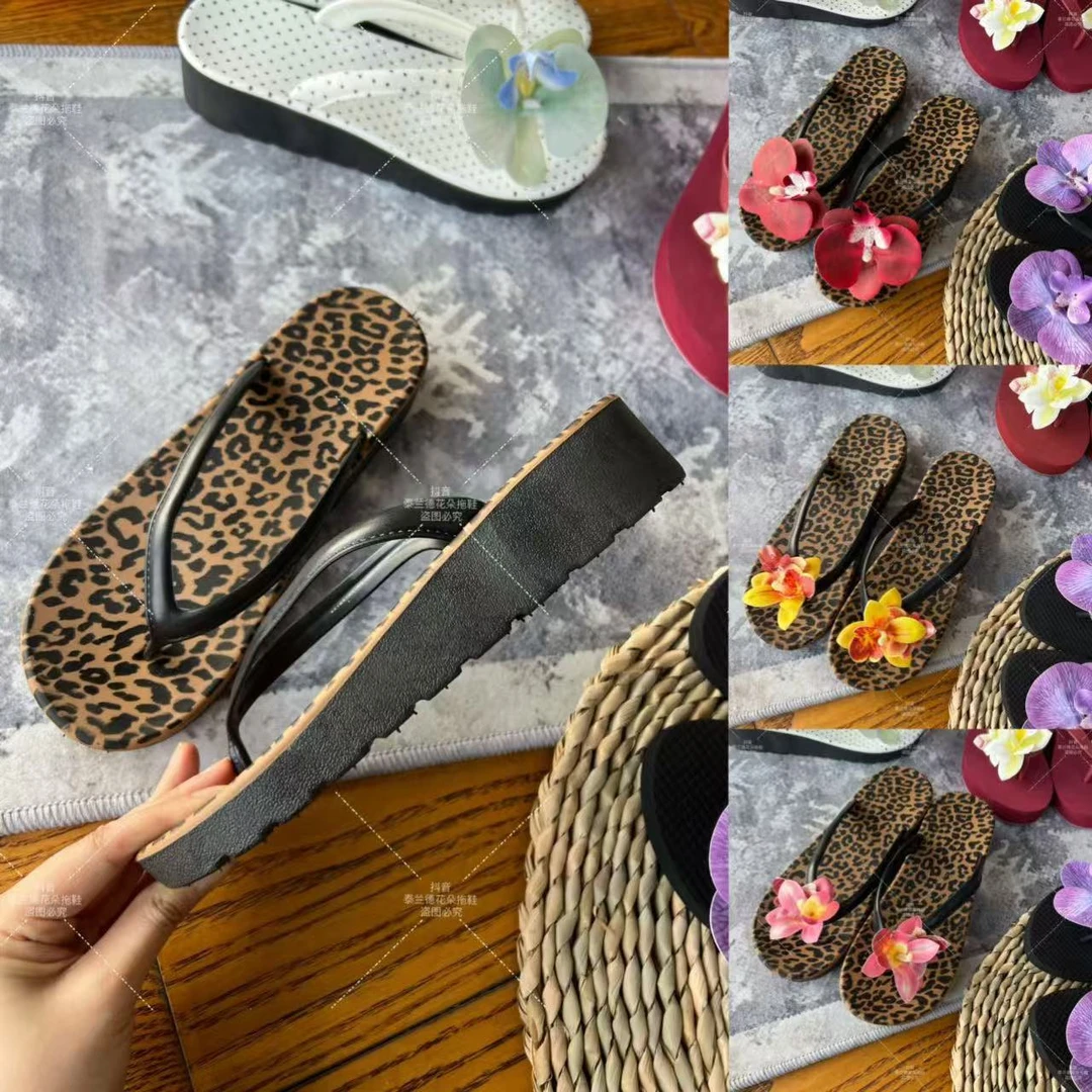 4cm坡跟豹纹【泰兰德花朵拖鞋】泰国手工花朵兰花人字拖女士度假风