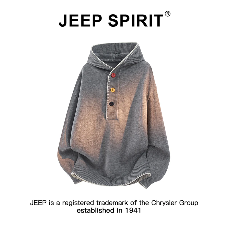 JEEPSPIRIT吉普三色纽扣明线辑边连帽毛衣男冬季新款保暖针织上衣