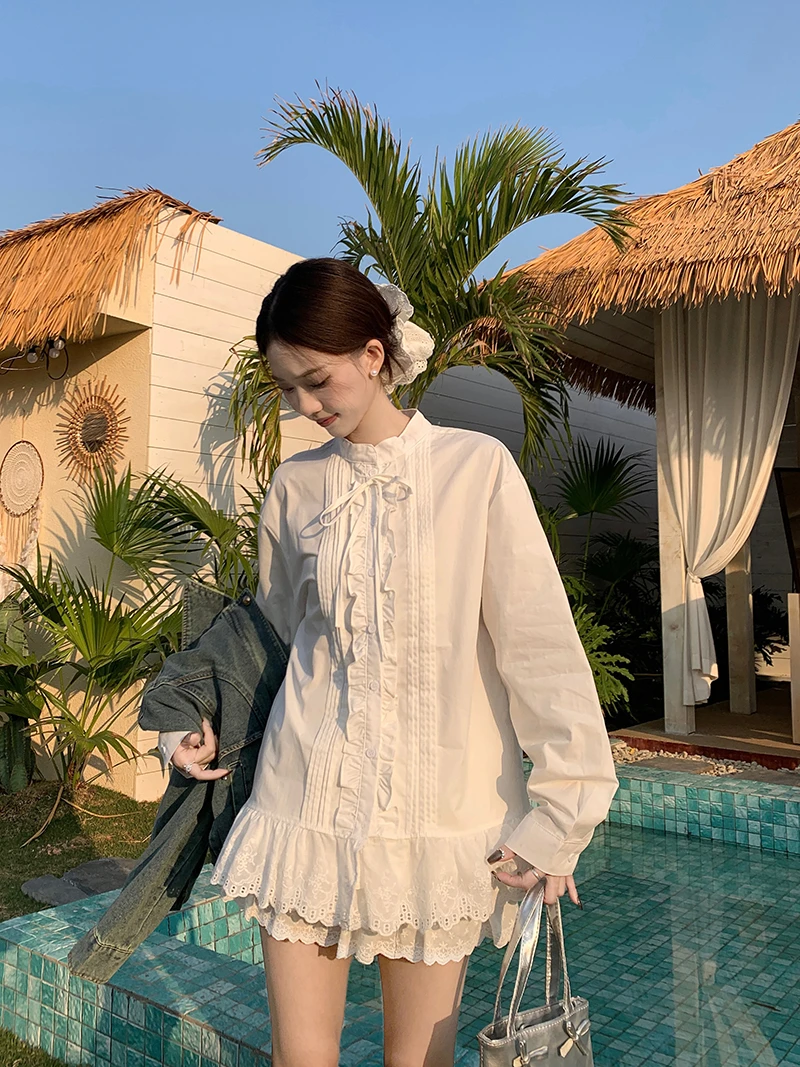 设计感蕾丝拼接系带立领长袖套装春夏季衬衫女休闲时尚宽松上衣
