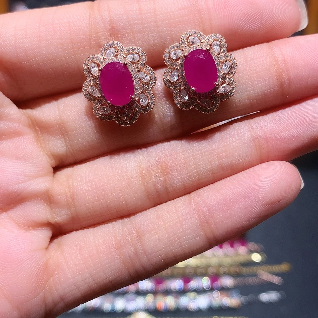 红宝石耳饰银S925镶嵌