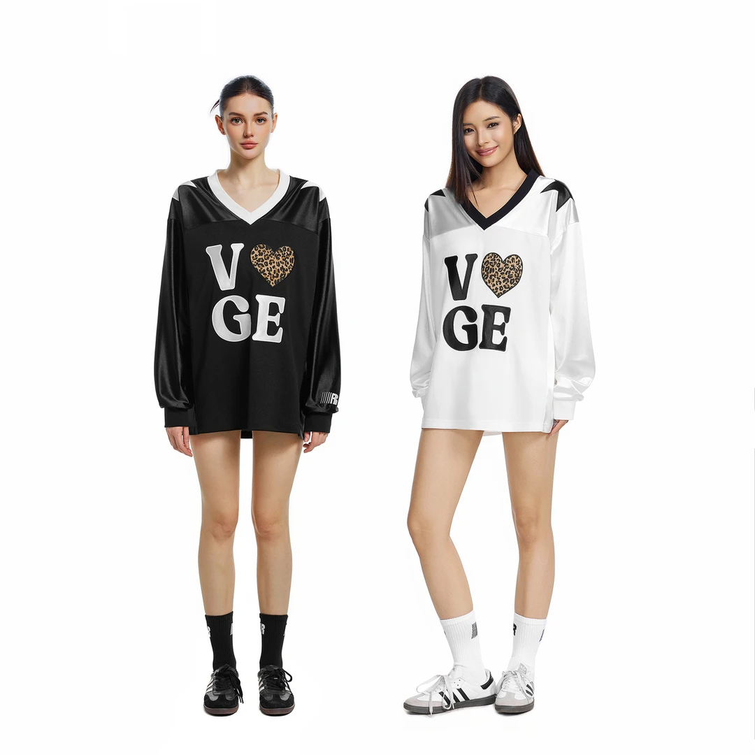 FDR官方店 V领爱心撞色刺绣长袖t恤女秋季美式辣妹宽松运动上衣