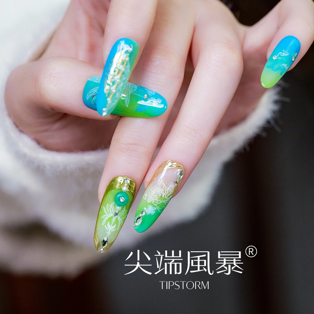 2025新款【浮翠】原创高级中长款非遗穿戴甲尖端风暴显白纯手工美甲