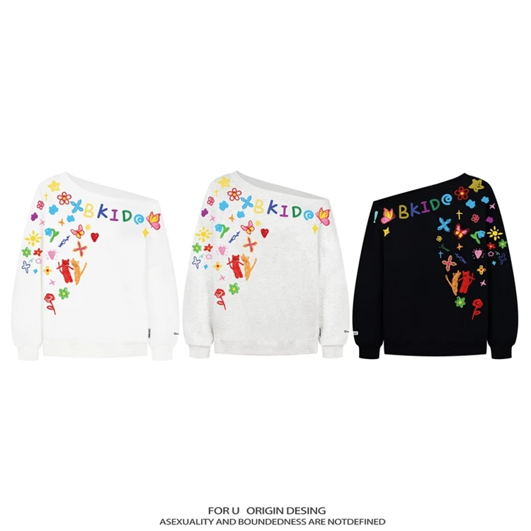 FOR U 原创国潮美式复古辣妹涂鸦字母斜肩卫衣嘻哈街头一字肩上衣