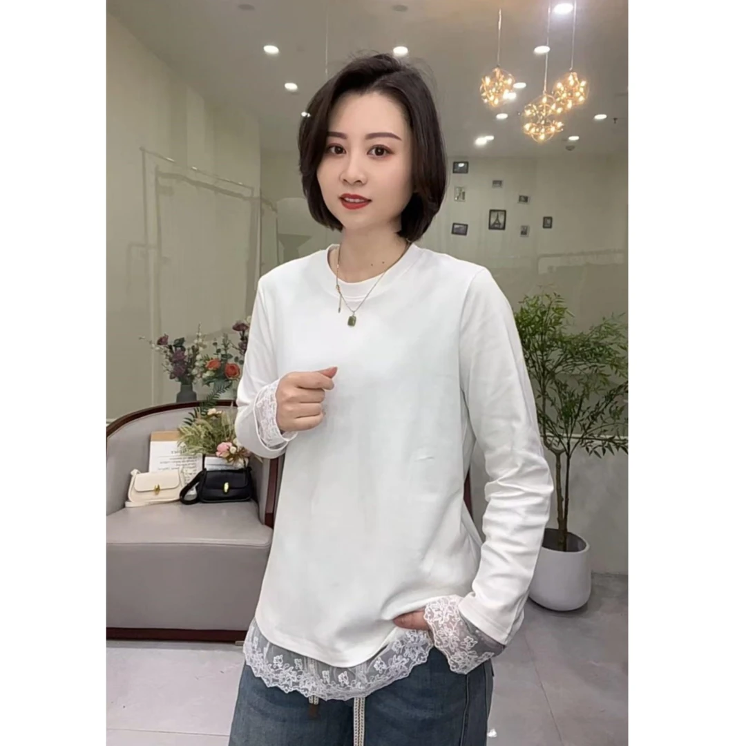 【茹茹】2025春款新款圆领棉T恤长袖蕾丝拼接打底衫lace fabric