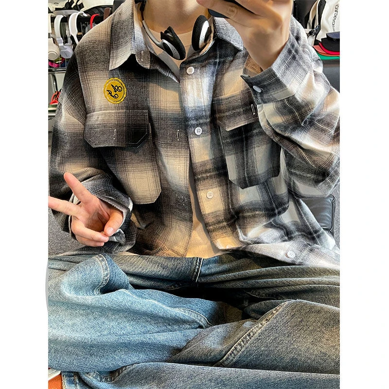 美式复古刺绣黑白格子工装衬衫男长袖春秋高级感痞帅情侣休闲衬衣