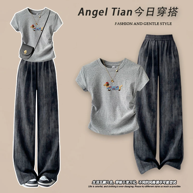 温柔系炸街奶乖套装夏季新款短袖T恤+显瘦休闲裤小个子复古两件套