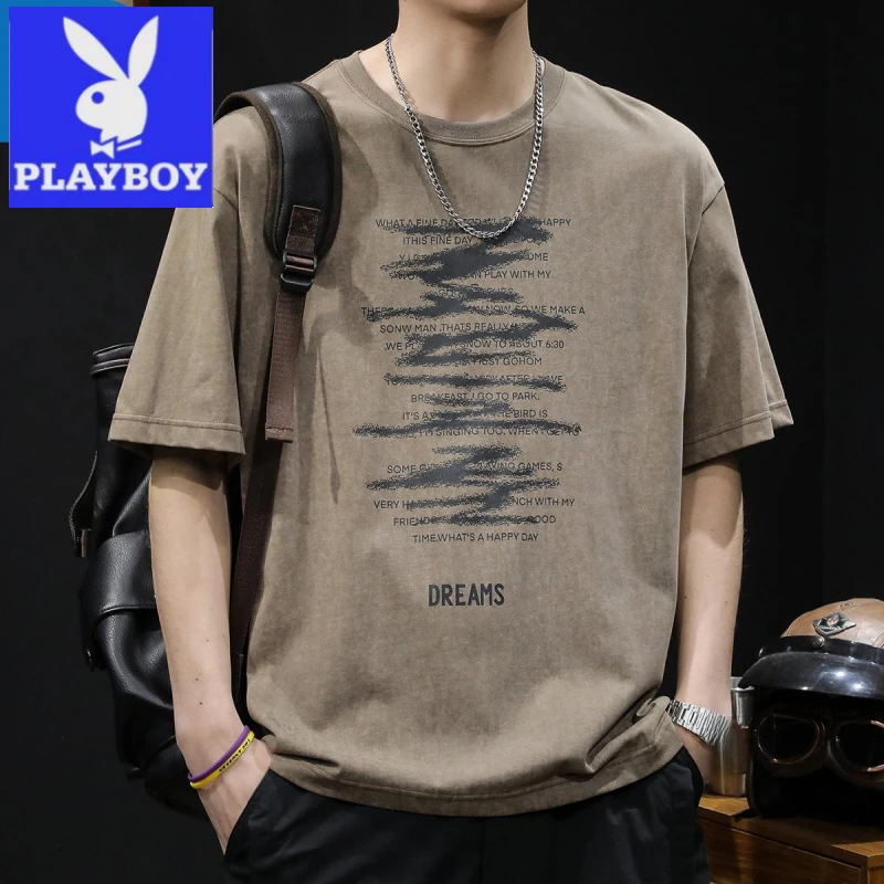 花花公子新款美式潮牌复古短袖T恤男士半袖大码夏季圆领重磅男