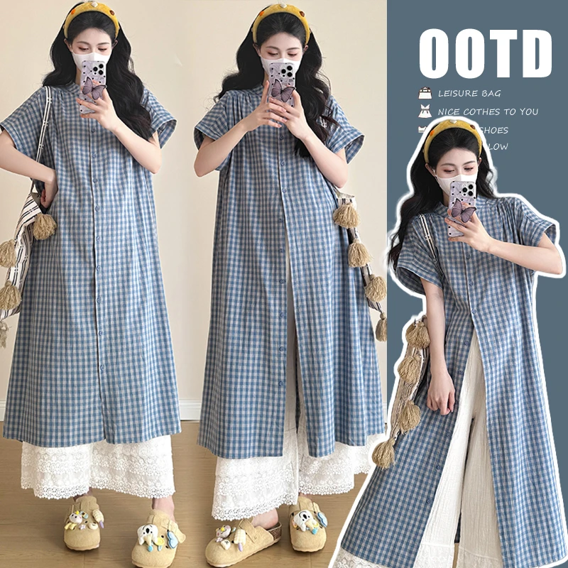 孕妇装夏装短袖长款格子衬衫裙夏季2025新款花边阔腿裤子夏天叠穿