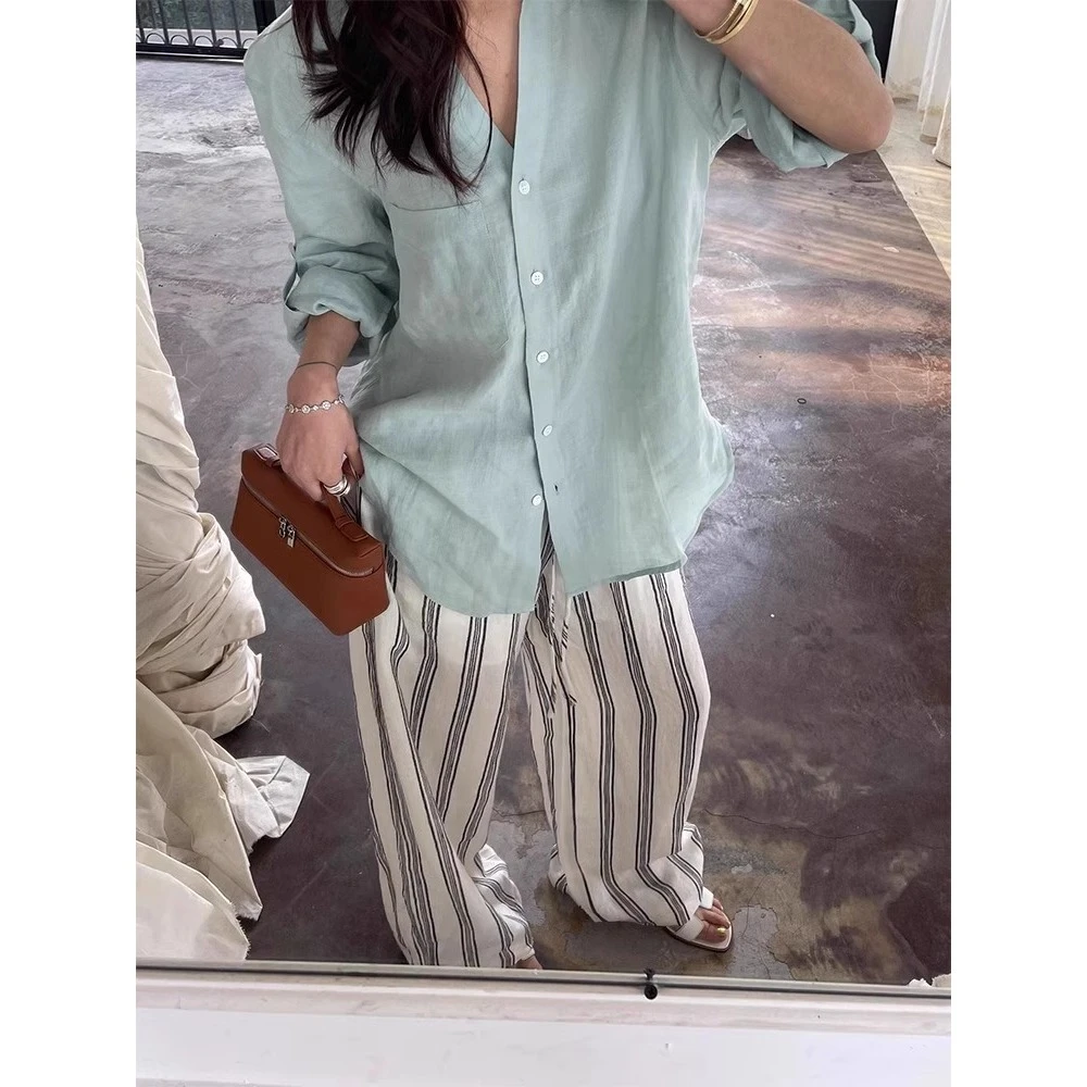 【韩版纯色衬衫】简约长袖睡衣女春秋季宽松显瘦条纹长裤套装家居服