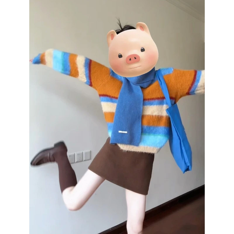 MARIE.COCO秋冬韩系温柔风条纹撞色针织衫毛衣搭半身裙潮流女套装