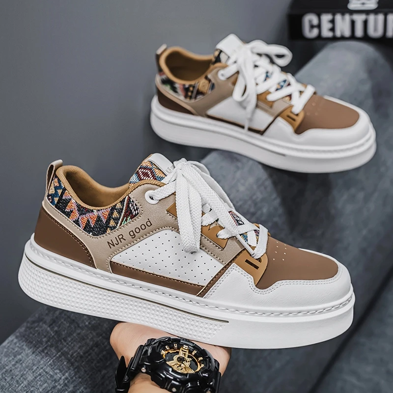 2025夏季透气新款小白鞋皮面潮流韩版休闲板鞋厚底男鞋黑白鞋子