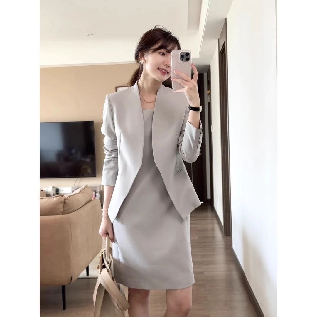 秋季新款无领西装连衣裙套装女极简职场通勤职业女士外套裙子套装