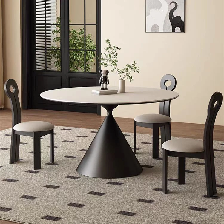 意式极简圆形圆桌奶油风岩板轻奢简约黑色圆桌餐桌家用餐厅饭桌