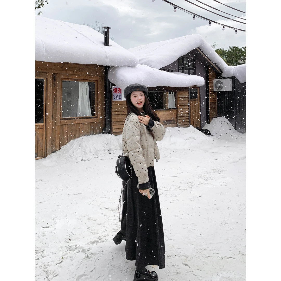 切糕【奶茶波波】小个子女秋冬慵懒显瘦百搭短款厚款休闲波点羽绒服