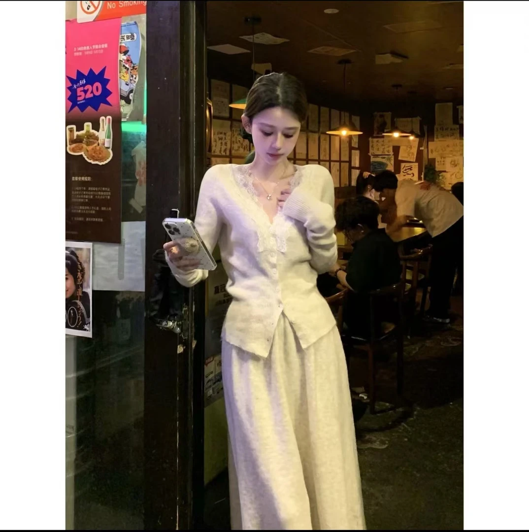 现货秒发----开衫秋冬拼接法式新款气质上衣半身裙套装两件套