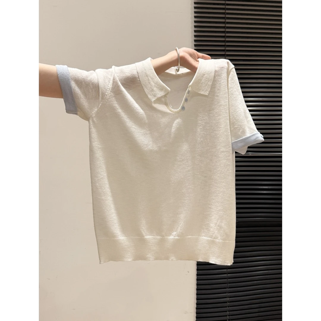 拉夏贝尔甜美纯欲纽扣高级感针织短袖T恤女夏季新款翻领宽松上衣