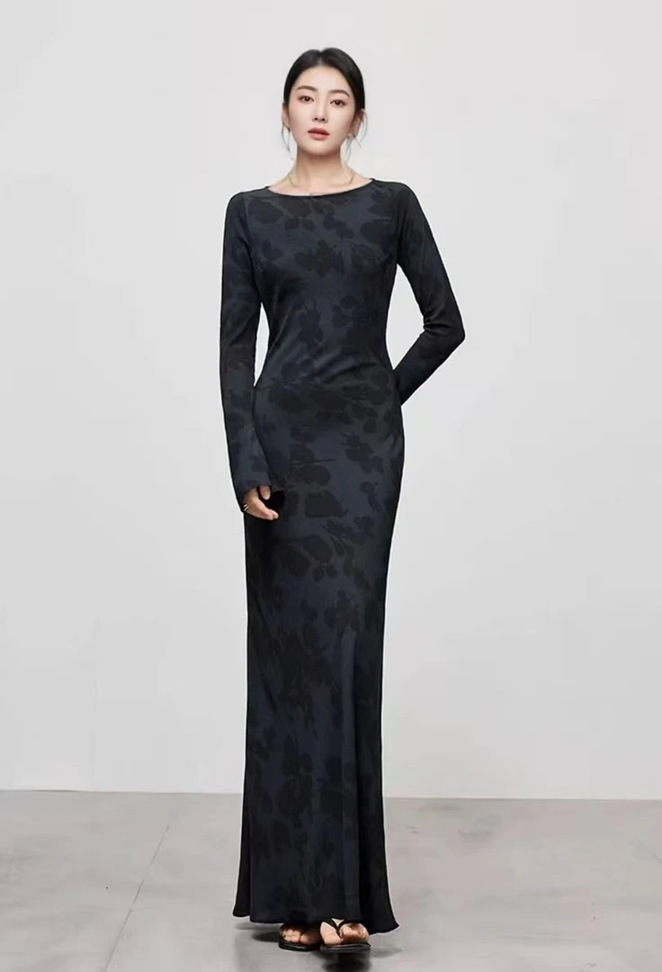 法式复古印花收腰显瘦长袖及踝气质连衣裙