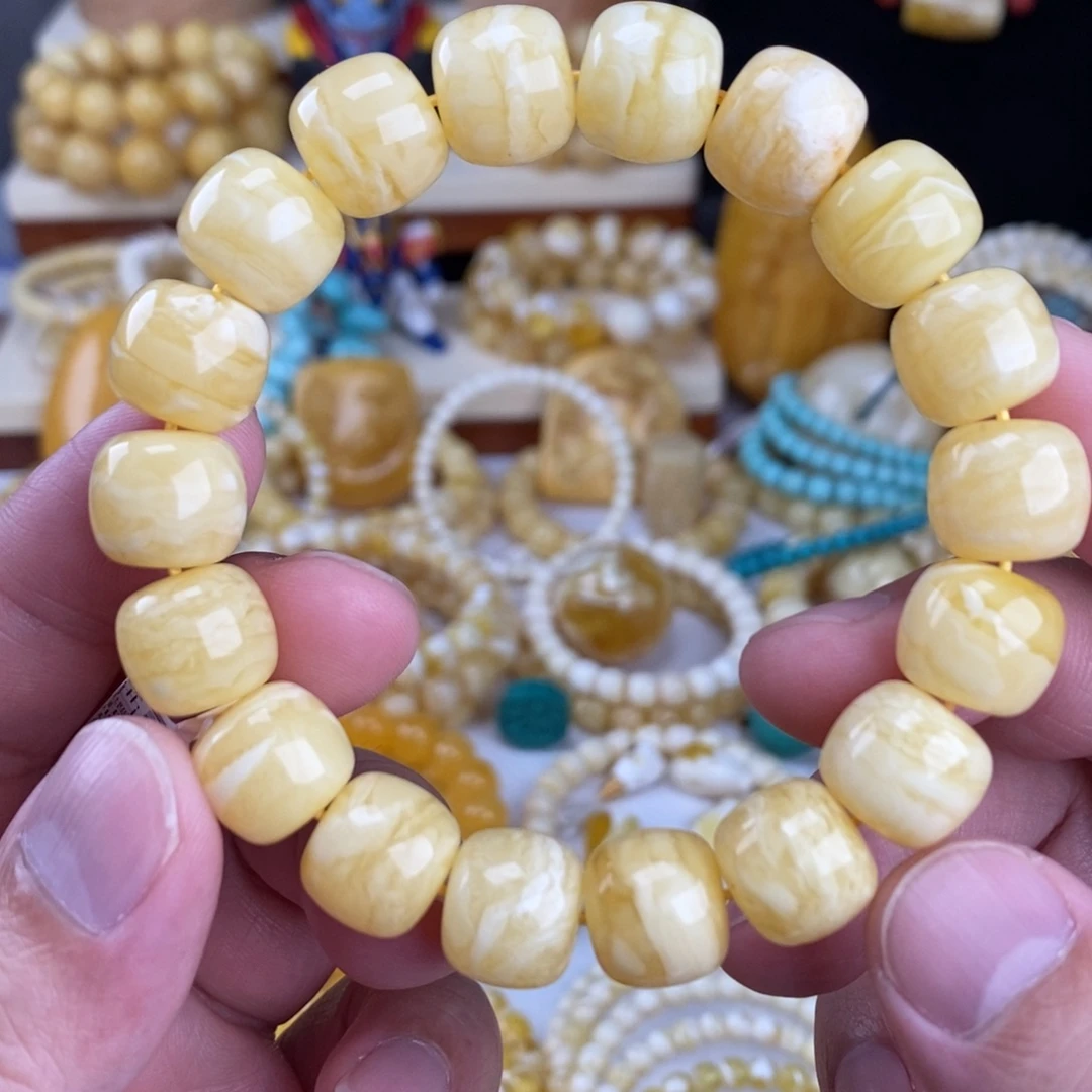 了***然蜜蜡未镶嵌手链瓷白细纹虎皮纹13.3mm