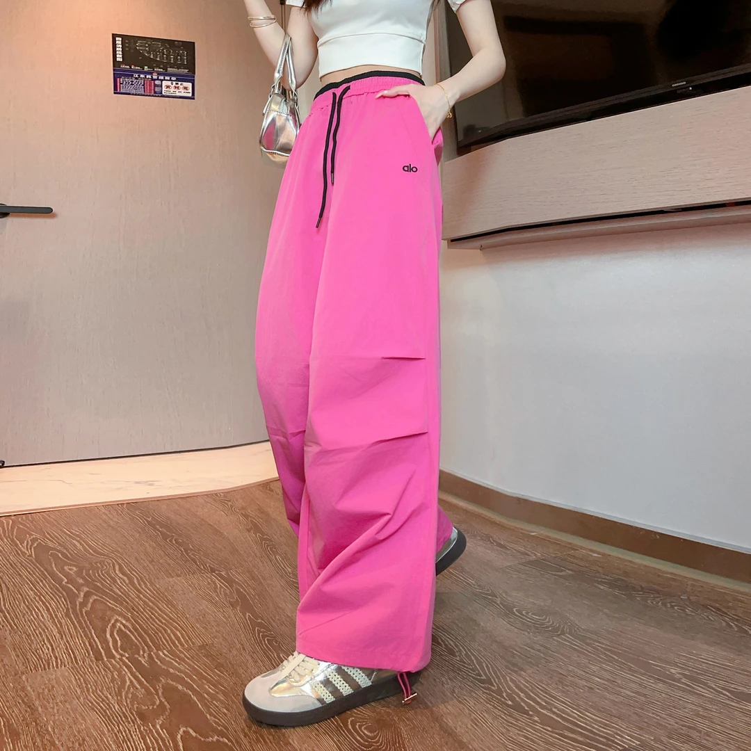 专属薄款高腰显瘦窄版裤女拼色腰头刺绣时尚宽松休闲夏季伞兵裤