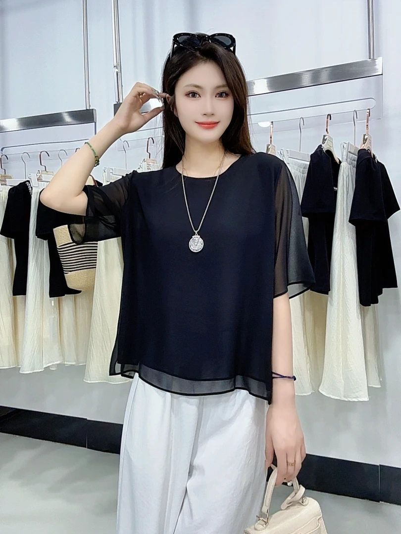 【晗晗精选】夏季爆款圆领洋气时尚百搭珍珠纱短袖