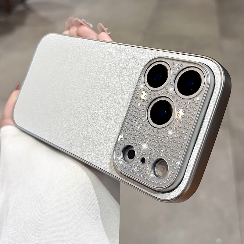适用于苹果17promax手机壳电镀皮纹水钻镜框网红同款数码配件奢华