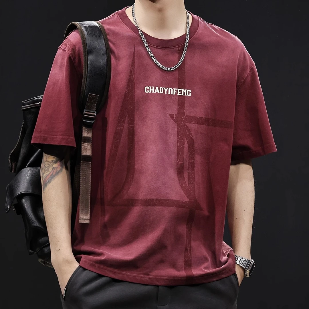 MR.MUDI/穆迪先生重磅水洗短袖t恤男2025新款夏季潮大码高端酒红