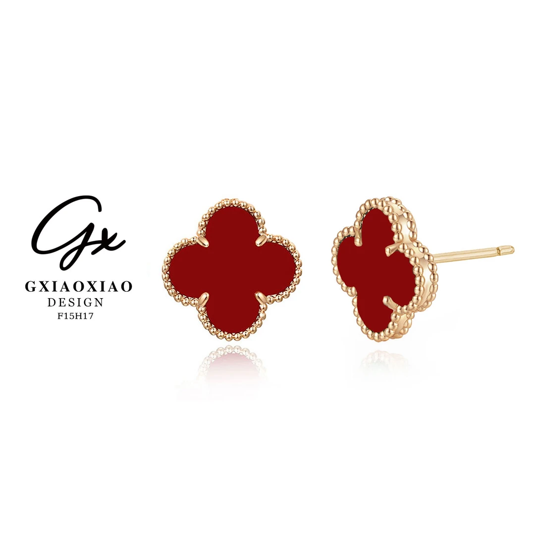 镀K金 法式高级感千金风中号红色四叶花耳环 F15H17