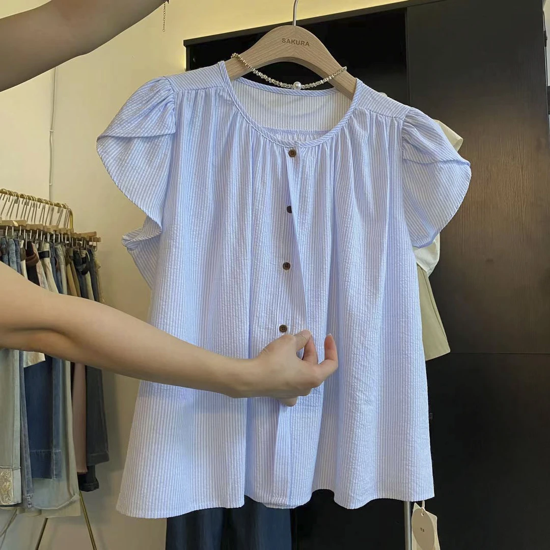 璎婲sᴀᴋᴜʀᴀ【海边乐队】星韩版圆领显瘦洋条纹隐藏式纽扣设计感衬衫