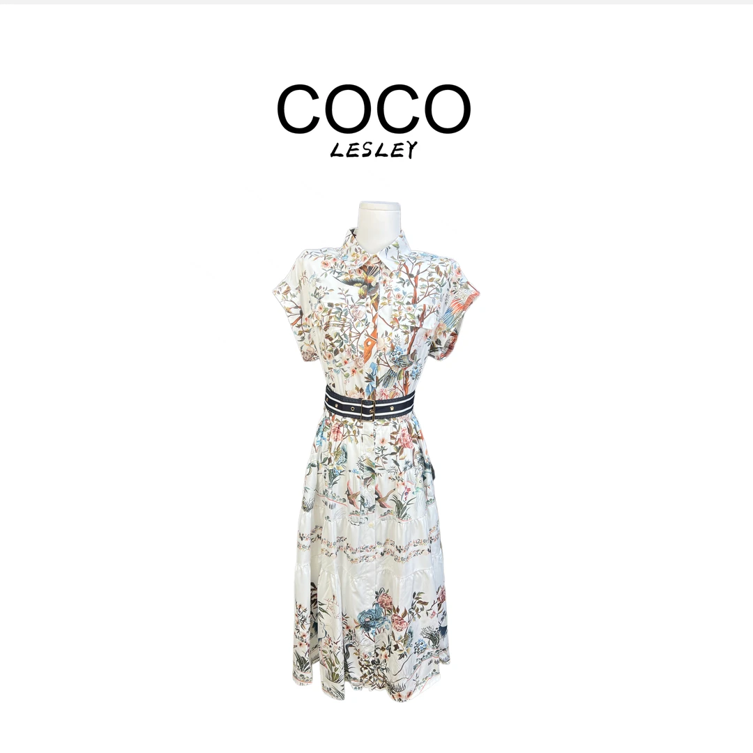 短袖裙夏季印花连衣裙女装复古碎花欧若精灵风轻奢轻奢修身优雅