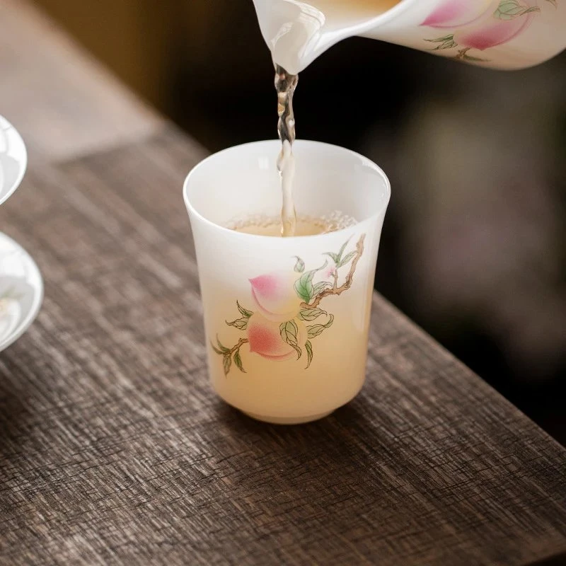 弥言冰种玉瓷桃子马蹄茶杯家用陶瓷小容量主人杯福桃薄胎白瓷杯子