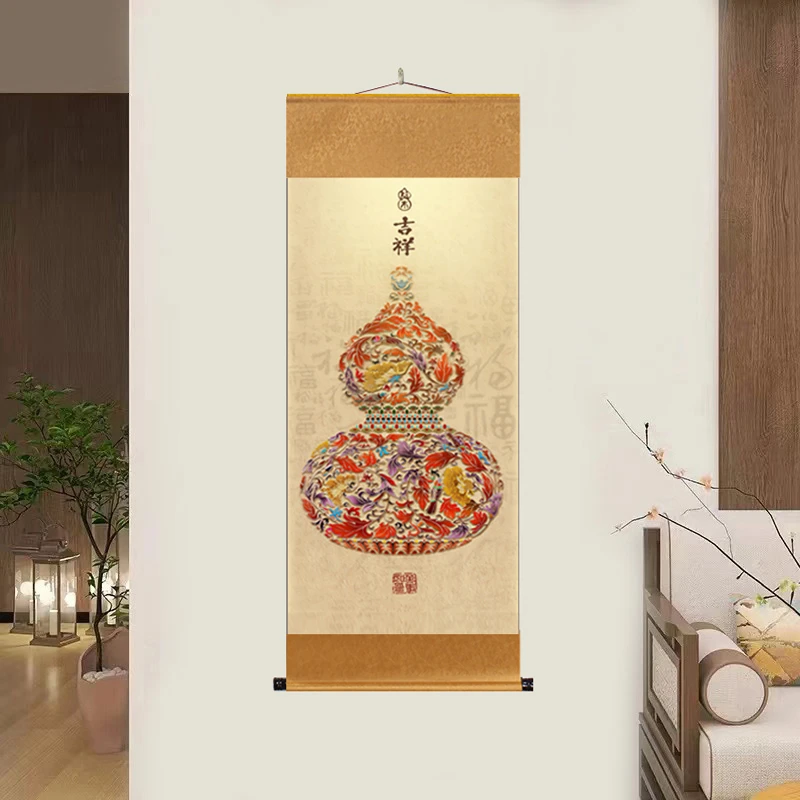 《百福珐琅葫芦》大气背景墙竖幅挂画国风山水靠山图装饰艺术玄关W5
