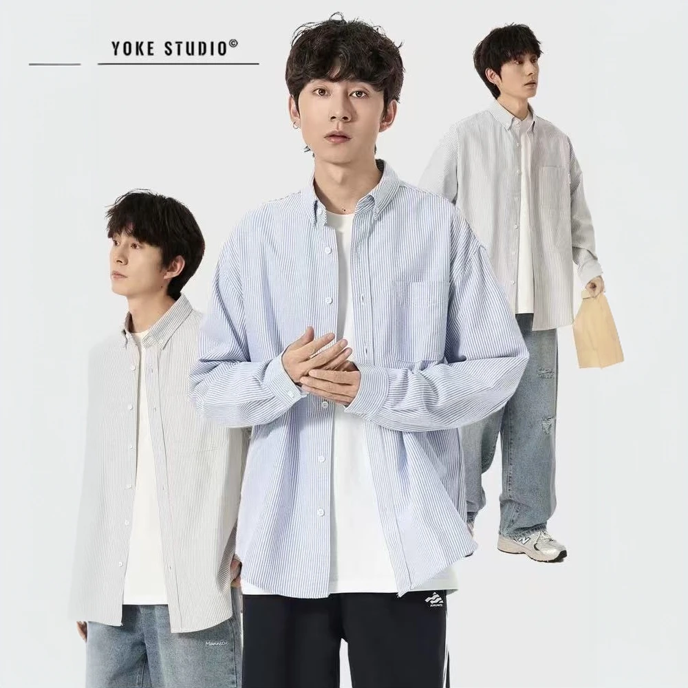 YOKESTUDIO美式休闲cieanfit条纹衬衫男女宽松长袖衬衣外套情侣装