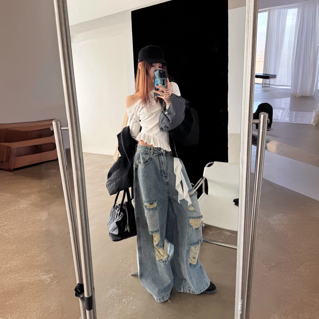 美式高街破洞宽裤牛仔裤女夏季新款百搭磨破宽松直筒垂感阔腿裤子