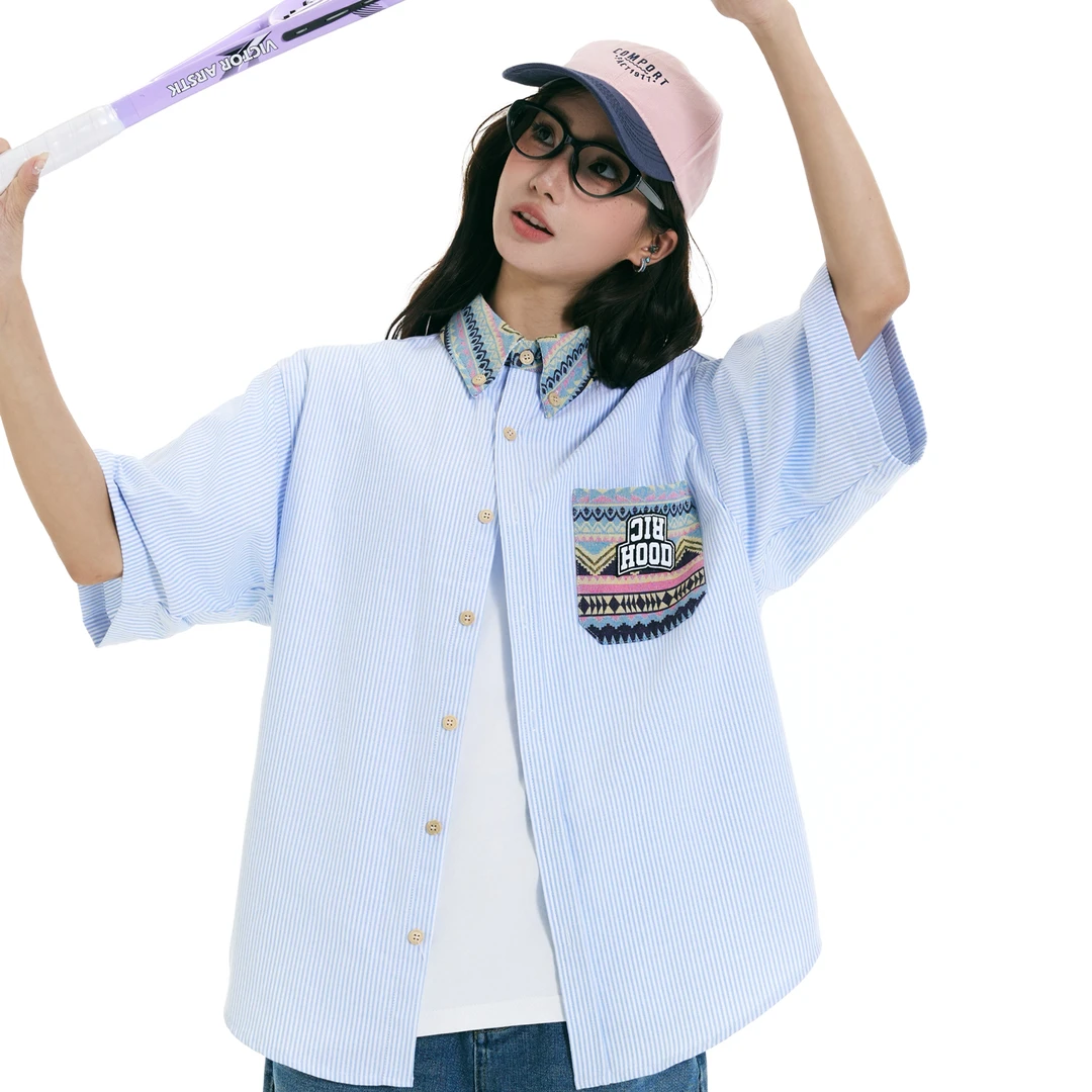 RickyisClown25夏款抗皱防晒民族风宽松竖条纹短袖衬衫情侣款T恤